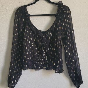 Lulu's Black Sheer Ruffle Blouse with Gold Dot Accents